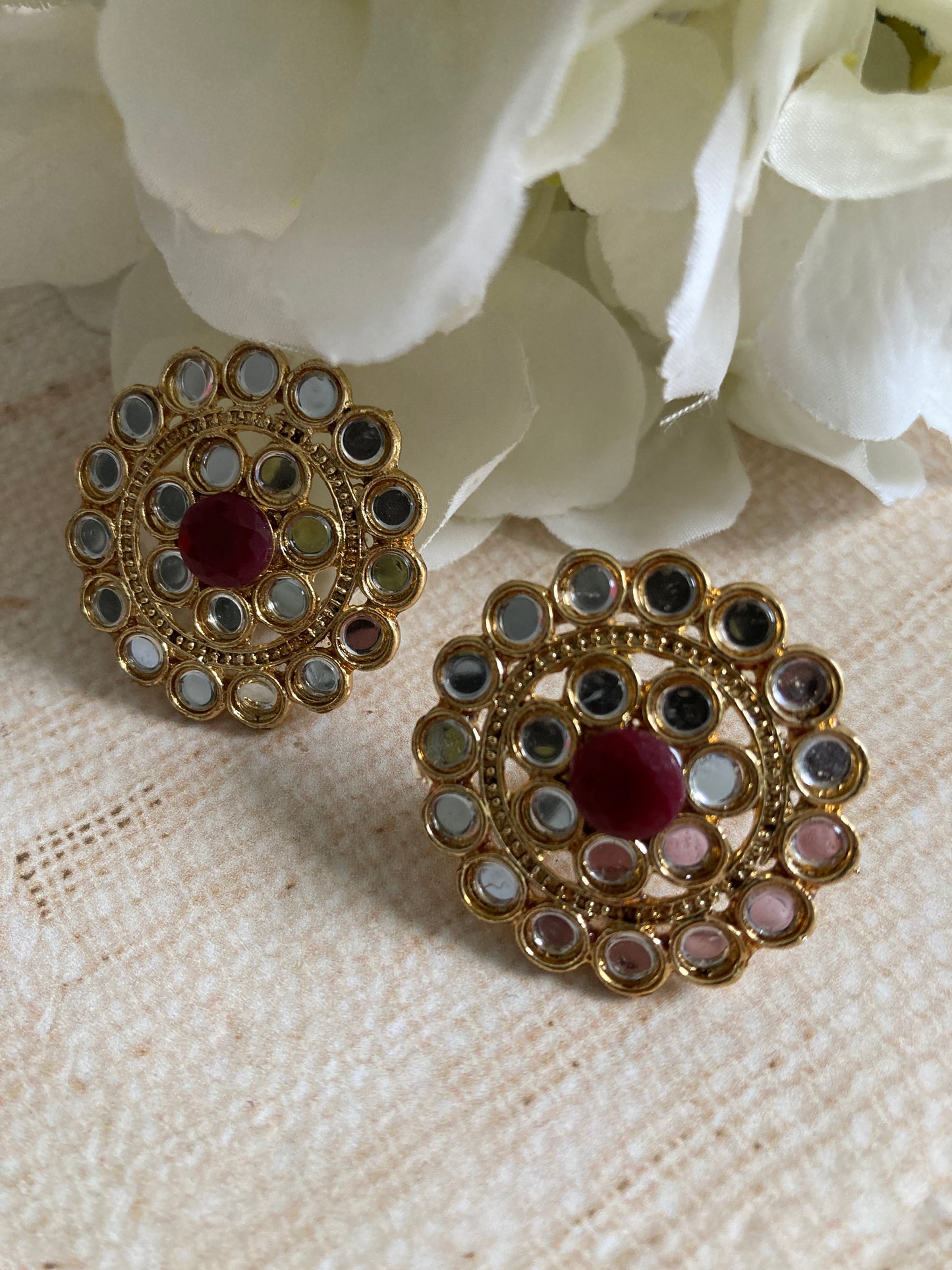 Mirror Circular Stud Earrings (Burgundy) (ST1008)