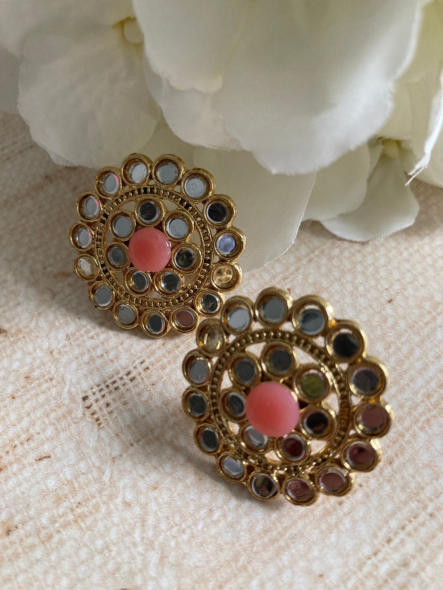 Mirror Circular Stud Earrings (Pink) (ST1008)