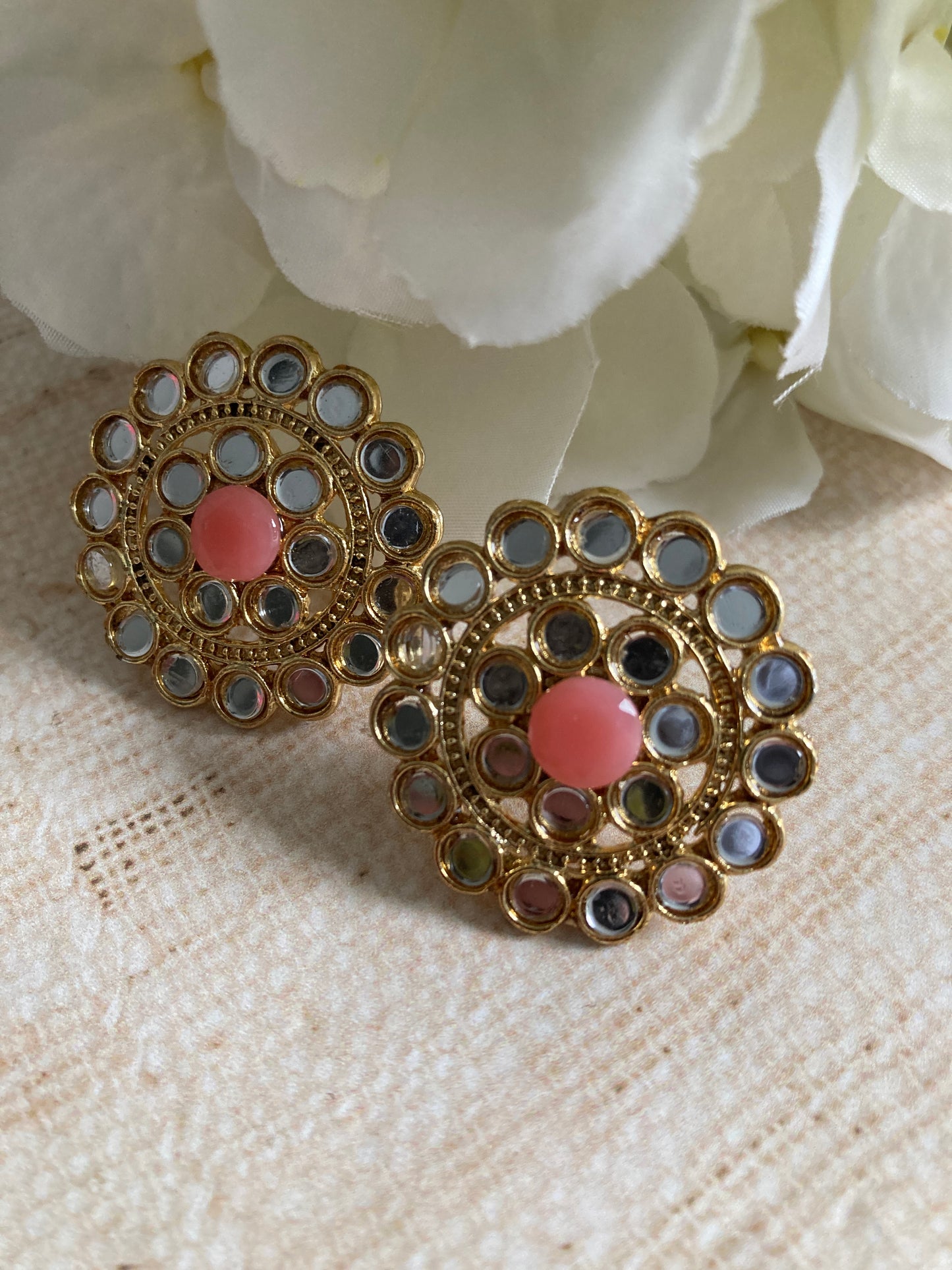 Mirror Circular Stud Earrings (Pink) (ST1008)