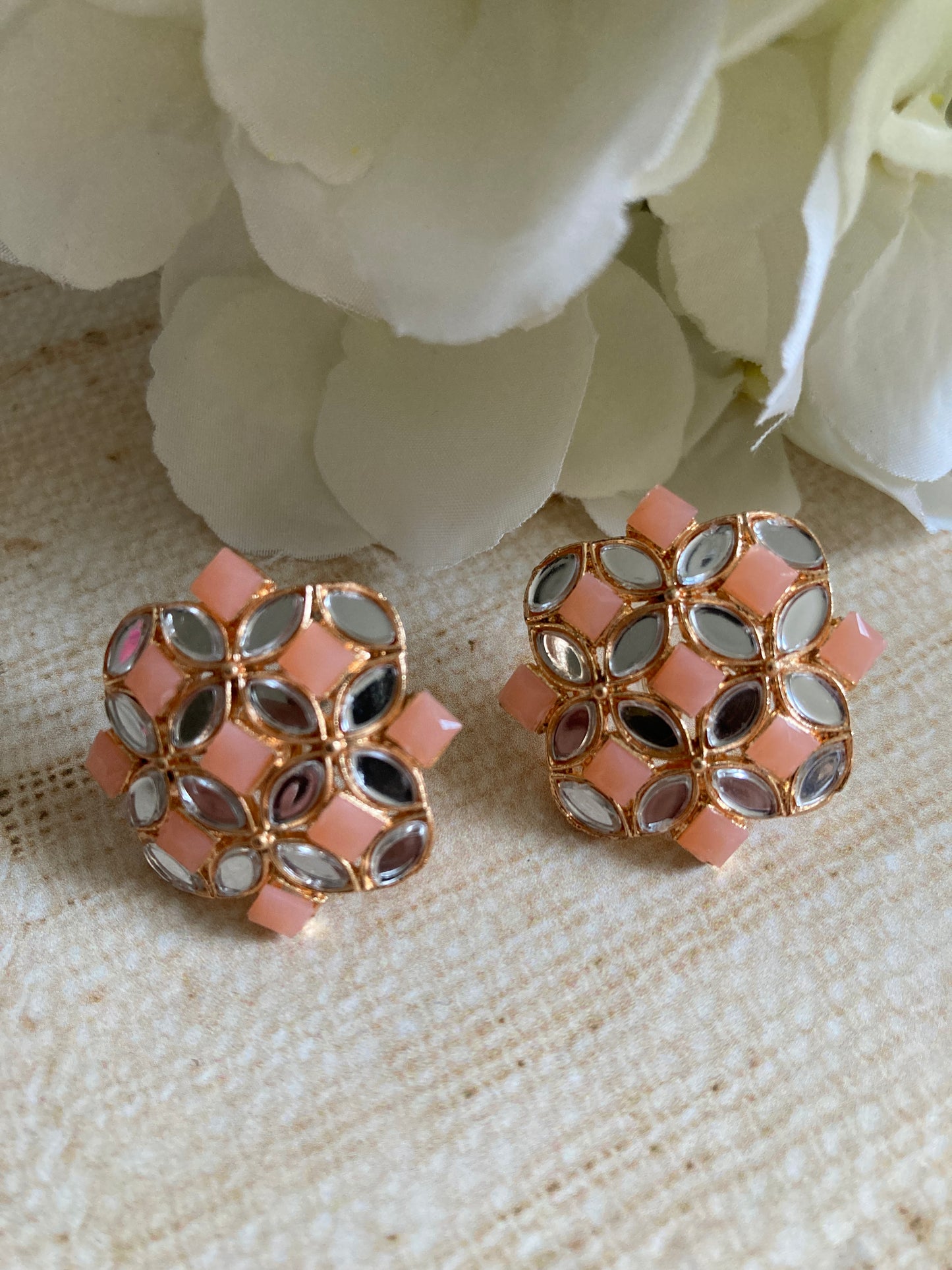 Roop Silver Mirror Stud Earrings (Peach) (ST1010)