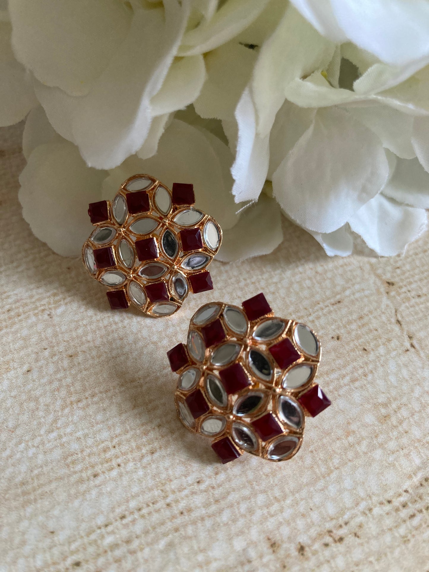 Roop Silver Mirror Stud Earrings (Burgundy) (ST1010)