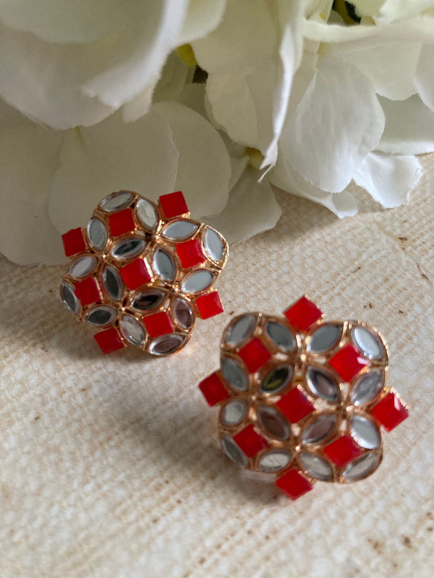 Roop Silver Mirror Stud Earrings (Red) (ST1010)