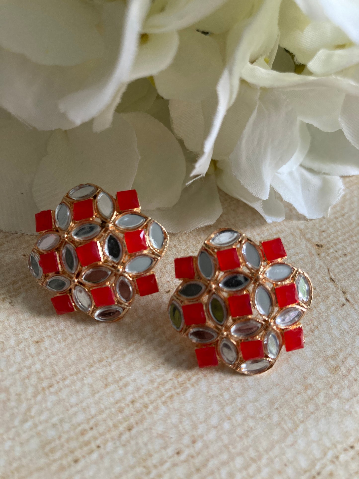 Roop Silver Mirror Stud Earrings (Red) (ST1010)