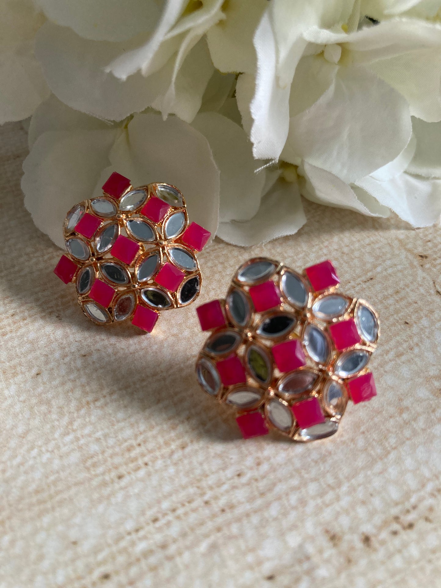 Roop Silver Mirror Stud Earrings (Hot Pink) (ST1010)