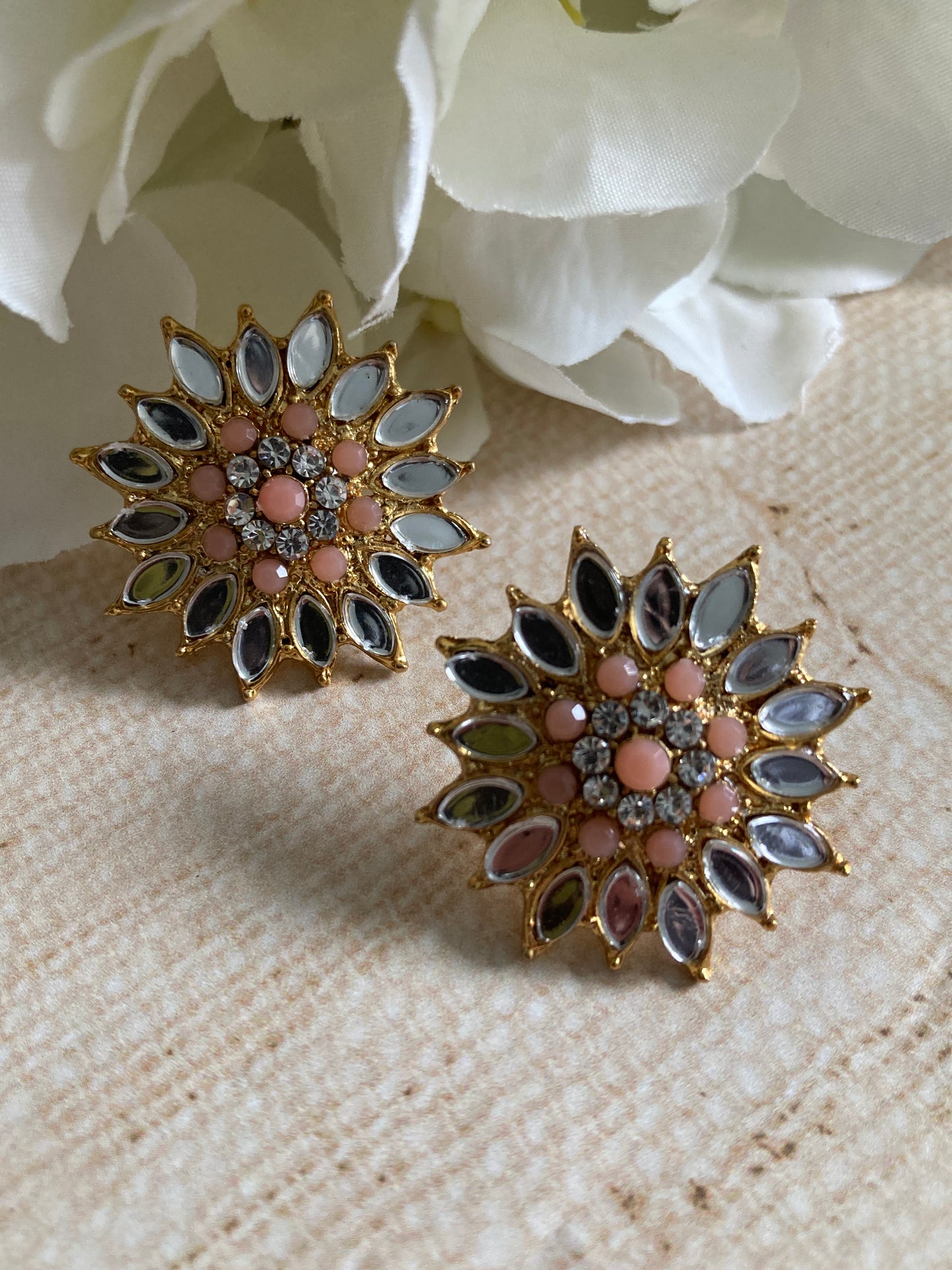 Silver Flower Mirror Stud Earrings (Peach) (ST1012)