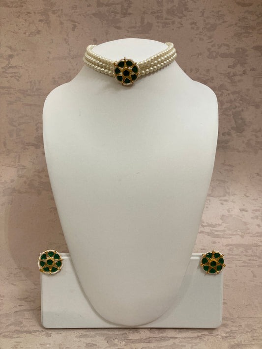 Madhu Gold Plated Kundan Stone & Pearl Necklace Set (Emerald) (ST791)