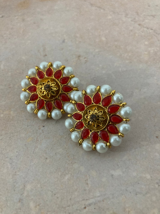 Riya Kundan And Meenakari Stud Earrings (ST232) (Red)