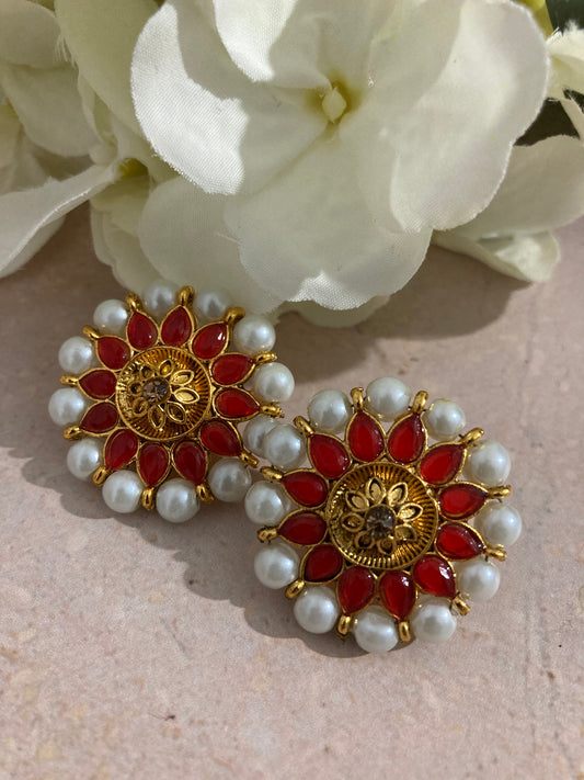 Riya Kundan And Meenakari Stud Earrings (ST232) (Red)