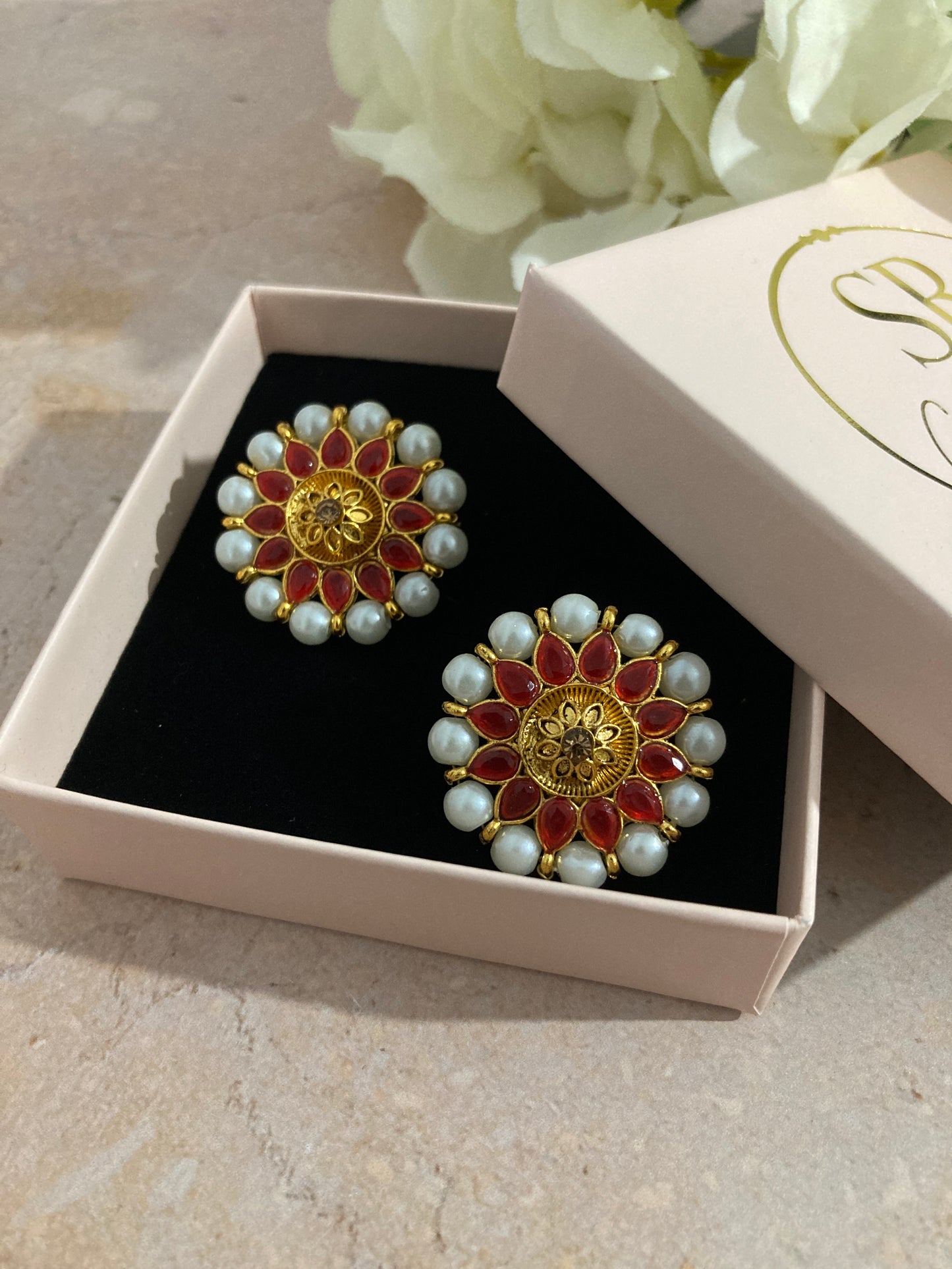 Riya Kundan And Meenakari Stud Earrings (ST232) (Red)