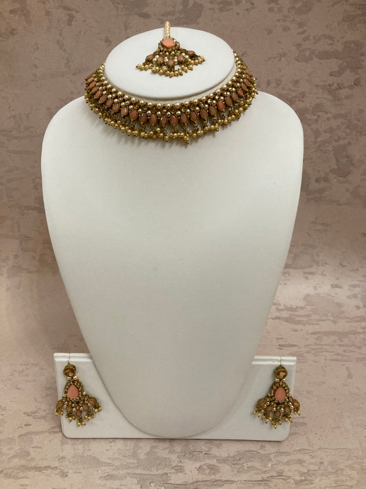 Manika Kundan And Pearl Choker Set (ST185) (Peach)