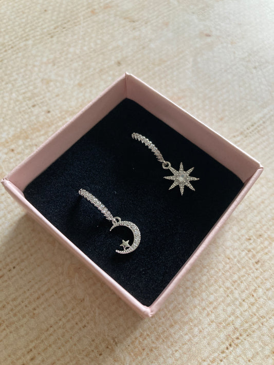 Silver Moon and Star Hoop Earrings (ST994)