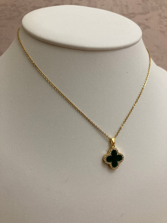 Double Sided Single Clover Necklace (ST822) (Emerald Black)