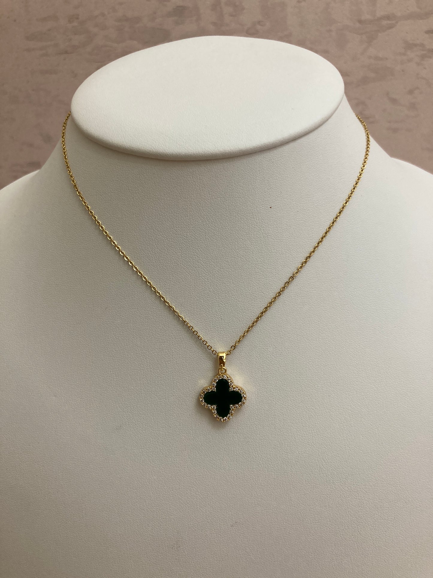 Double Sided Single Clover Necklace (ST822) (Emerald Black)