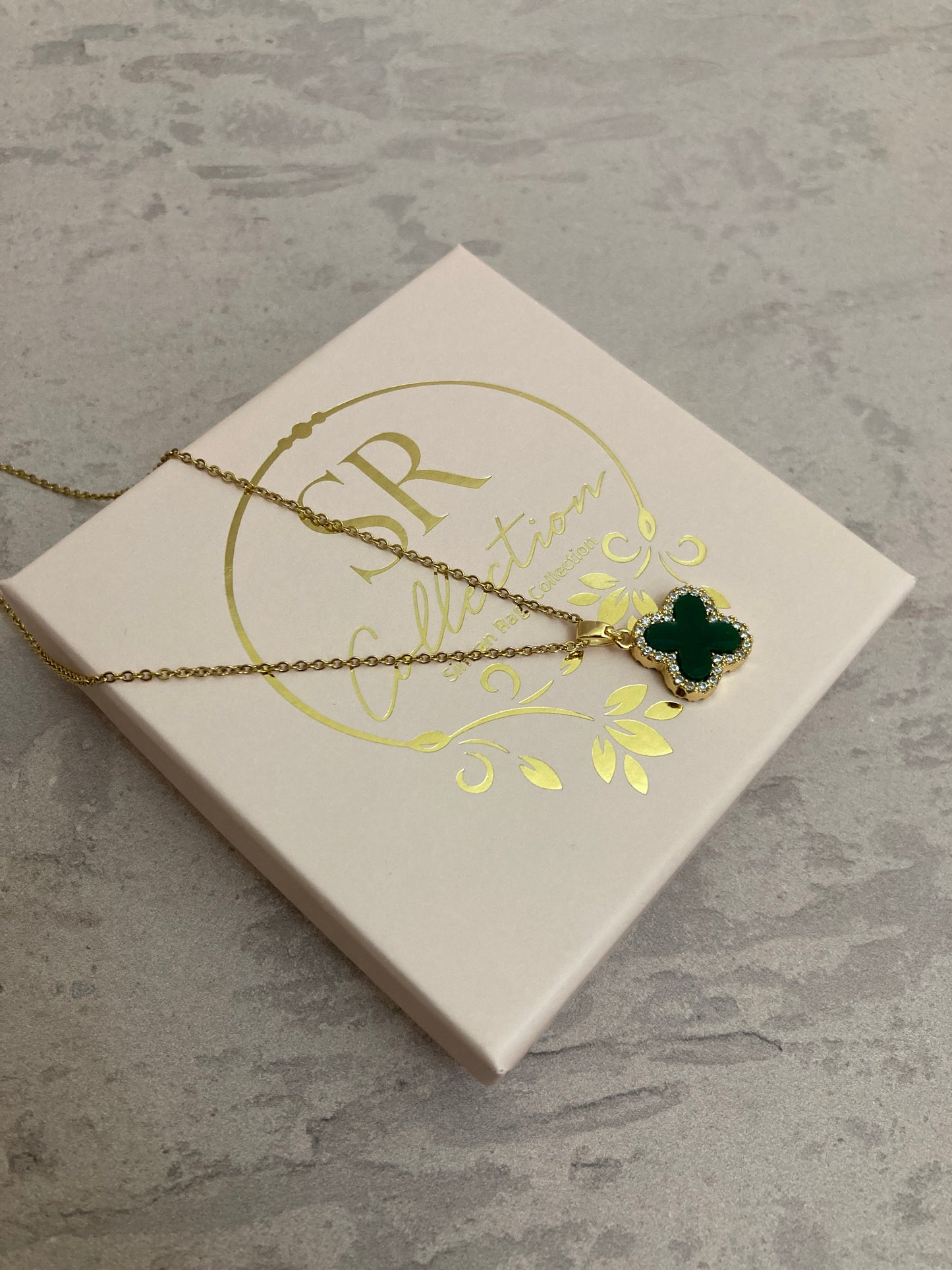 Double Sided Single Clover Necklace (ST822) (Emerald Black)