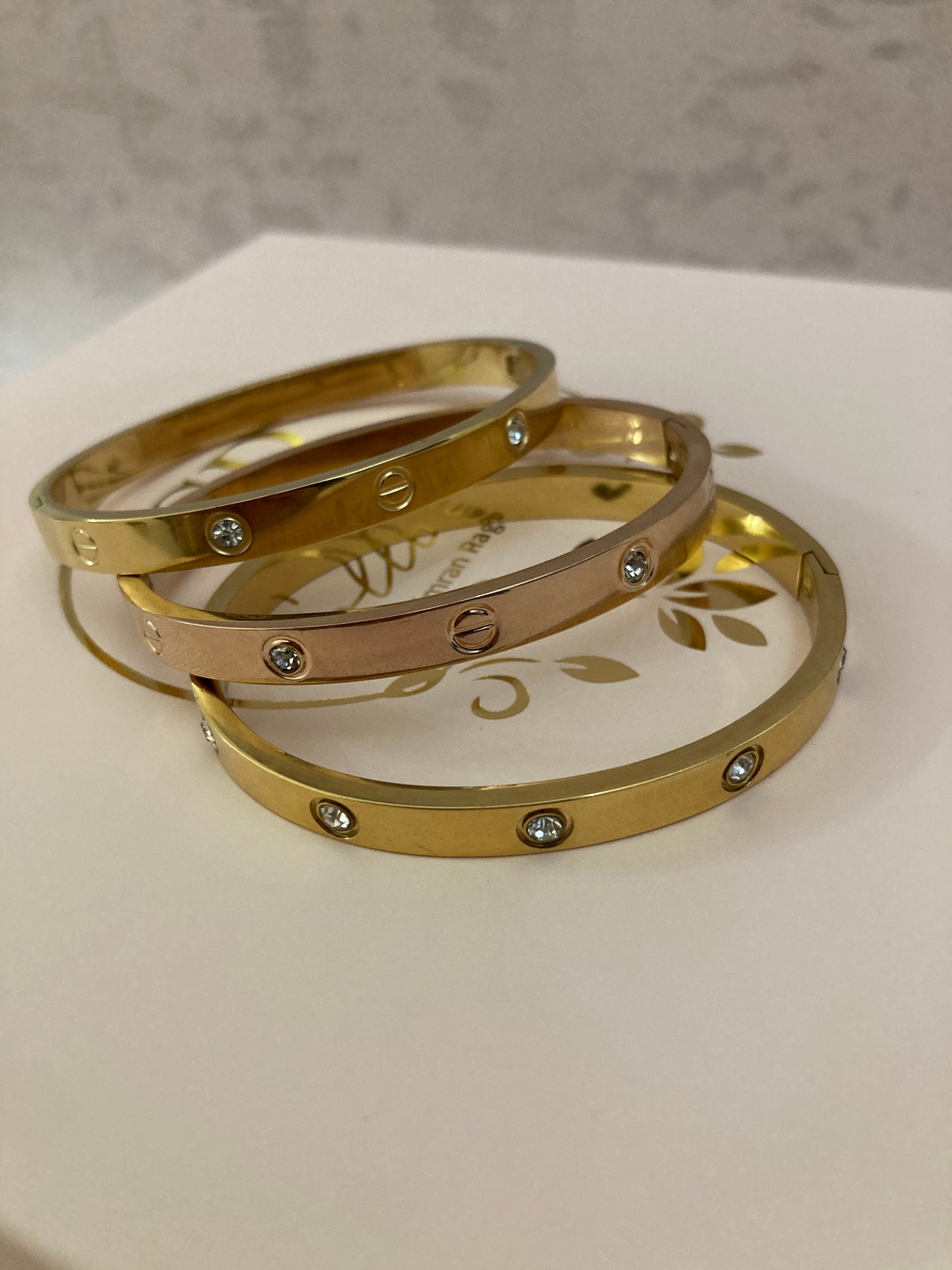 Stainless Steel Engraved Rose Gold Zirconia Bangle (ST821)