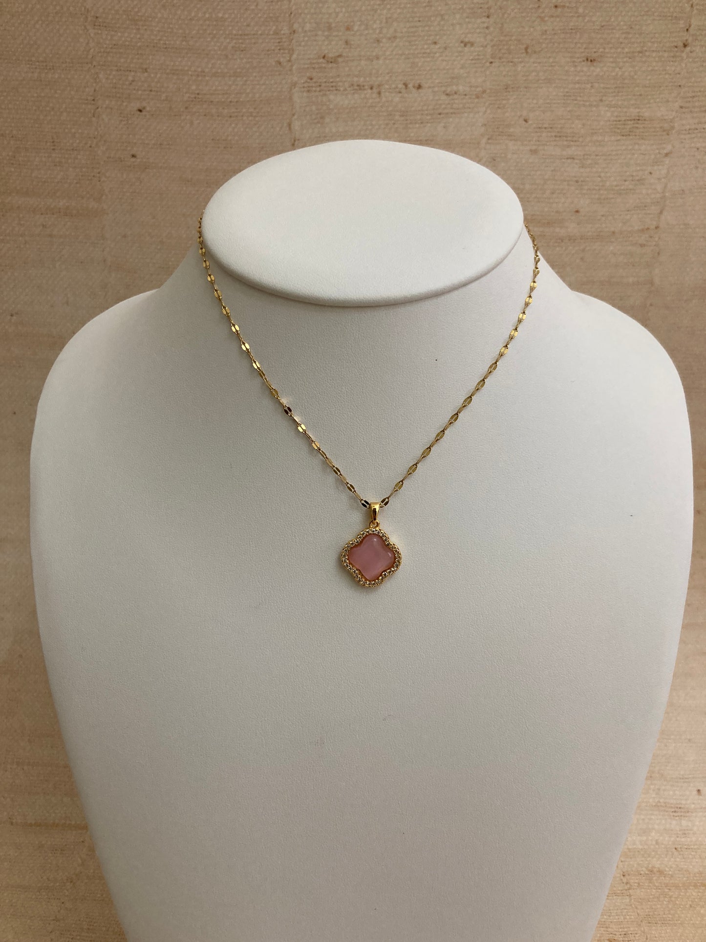 Pink Cubic Zirconia Studded Clover Necklace (ST834)