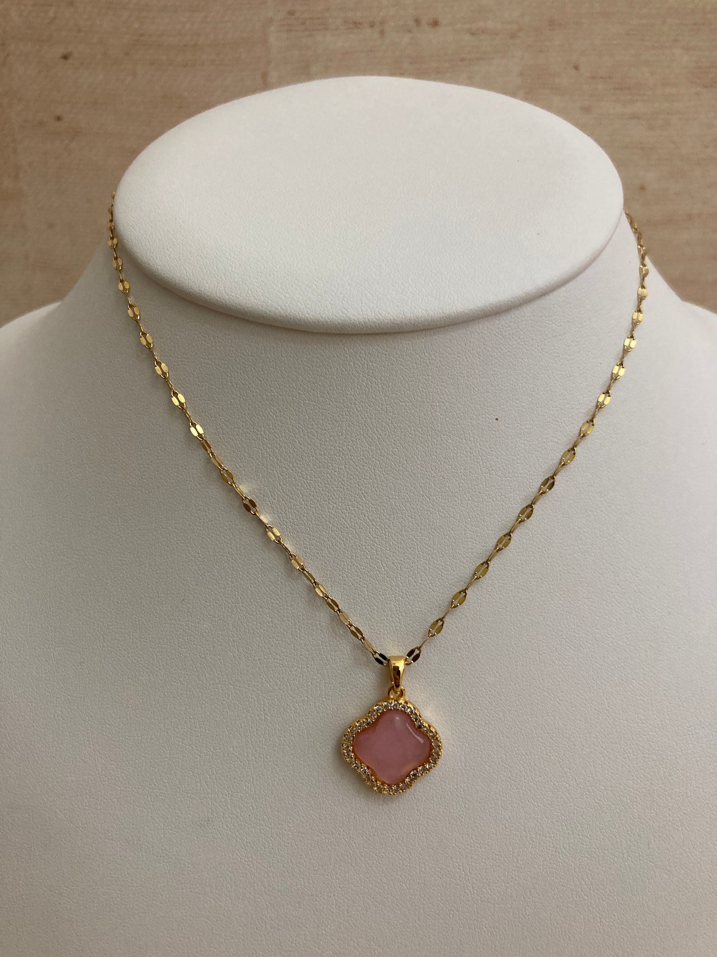 Pink Cubic Zirconia Studded Clover Necklace (ST834)