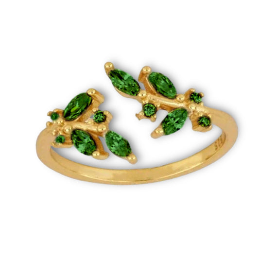 18K Gold Adjustable Dainty Leaf Ring (ST867) (Emerald Green)