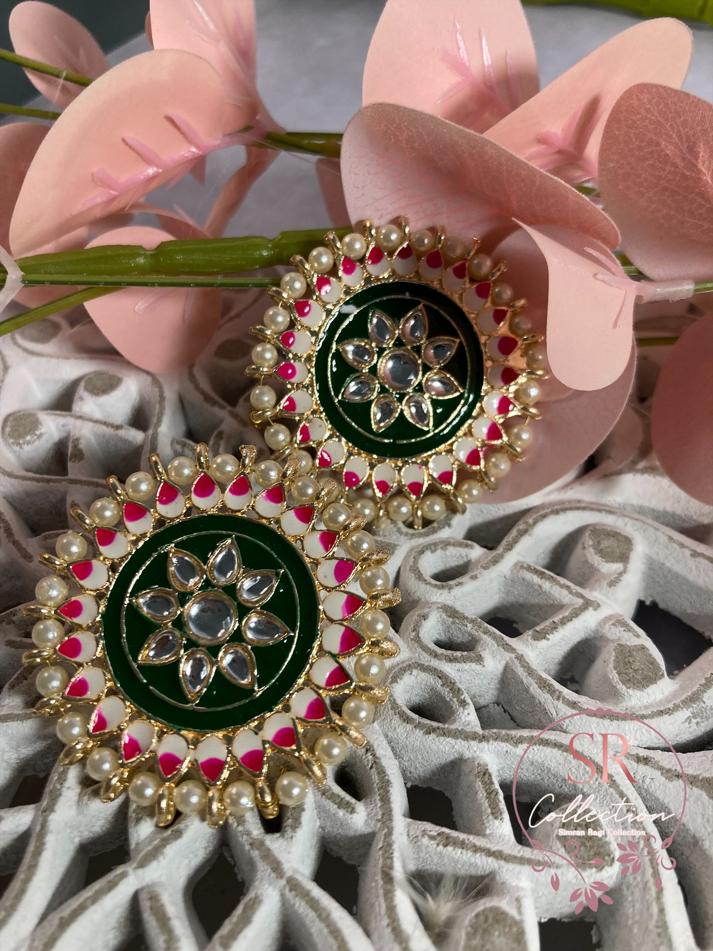 Mahi Oversized Kundan and Pearl Stud Earrings (ST155) Emerald