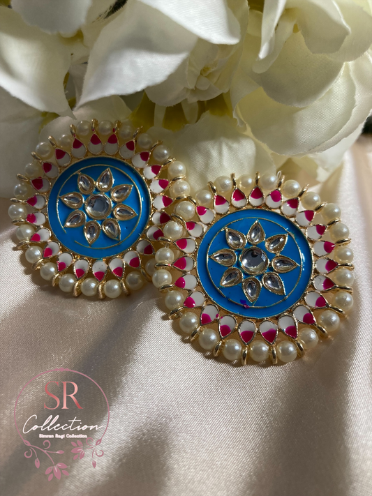 Mahi Oversized Kundan and Pearl Stud Earrings (ST155) Teal