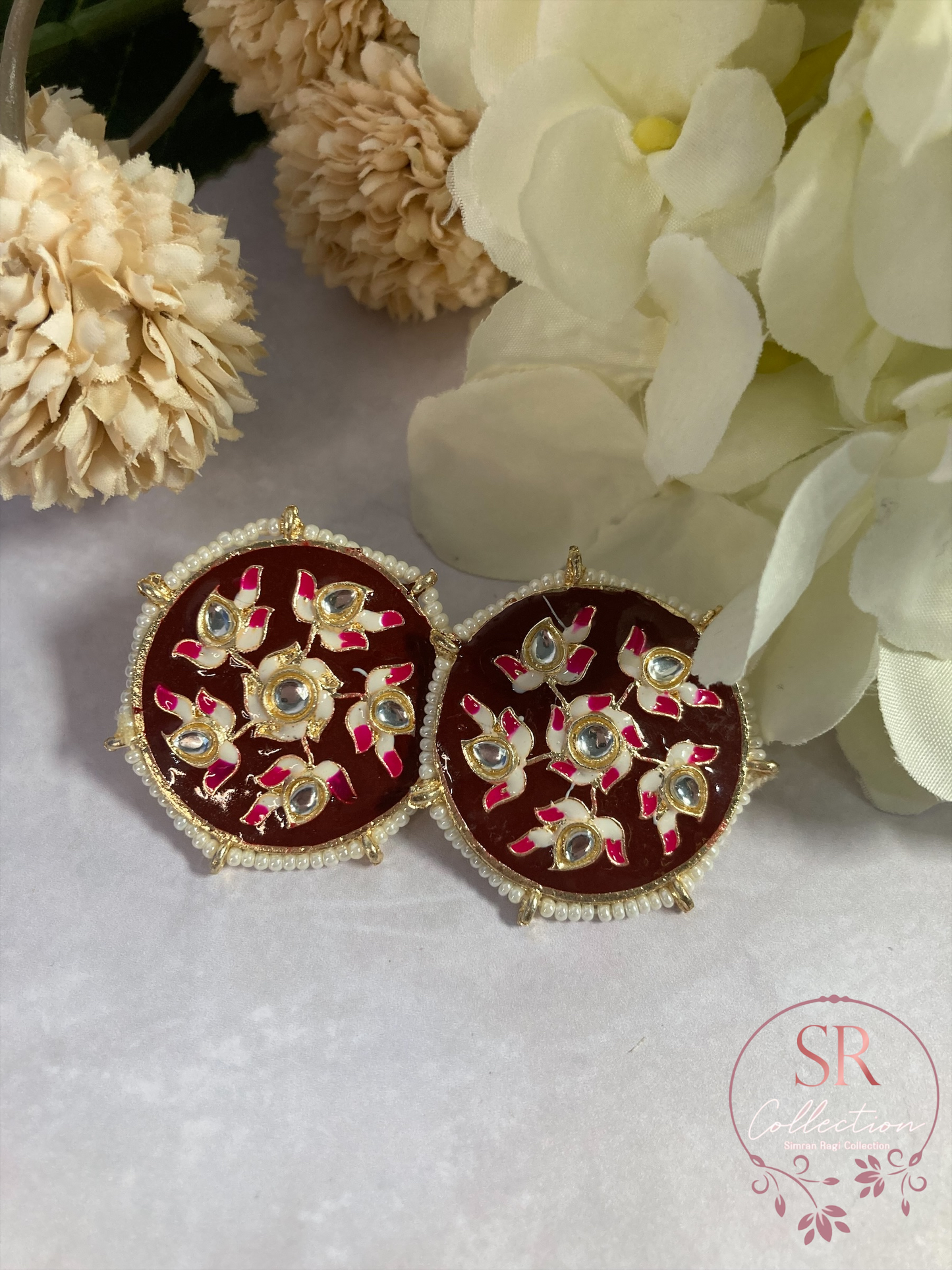 Alara Floral Kundan Stud Earrings (ST154) Deep Maroon