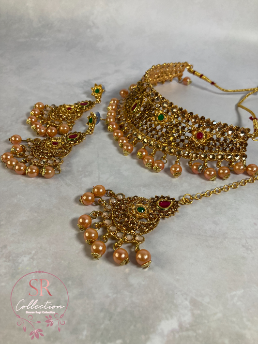 Jiya Gold Plated Maroon And Green Choker Set (ST116)