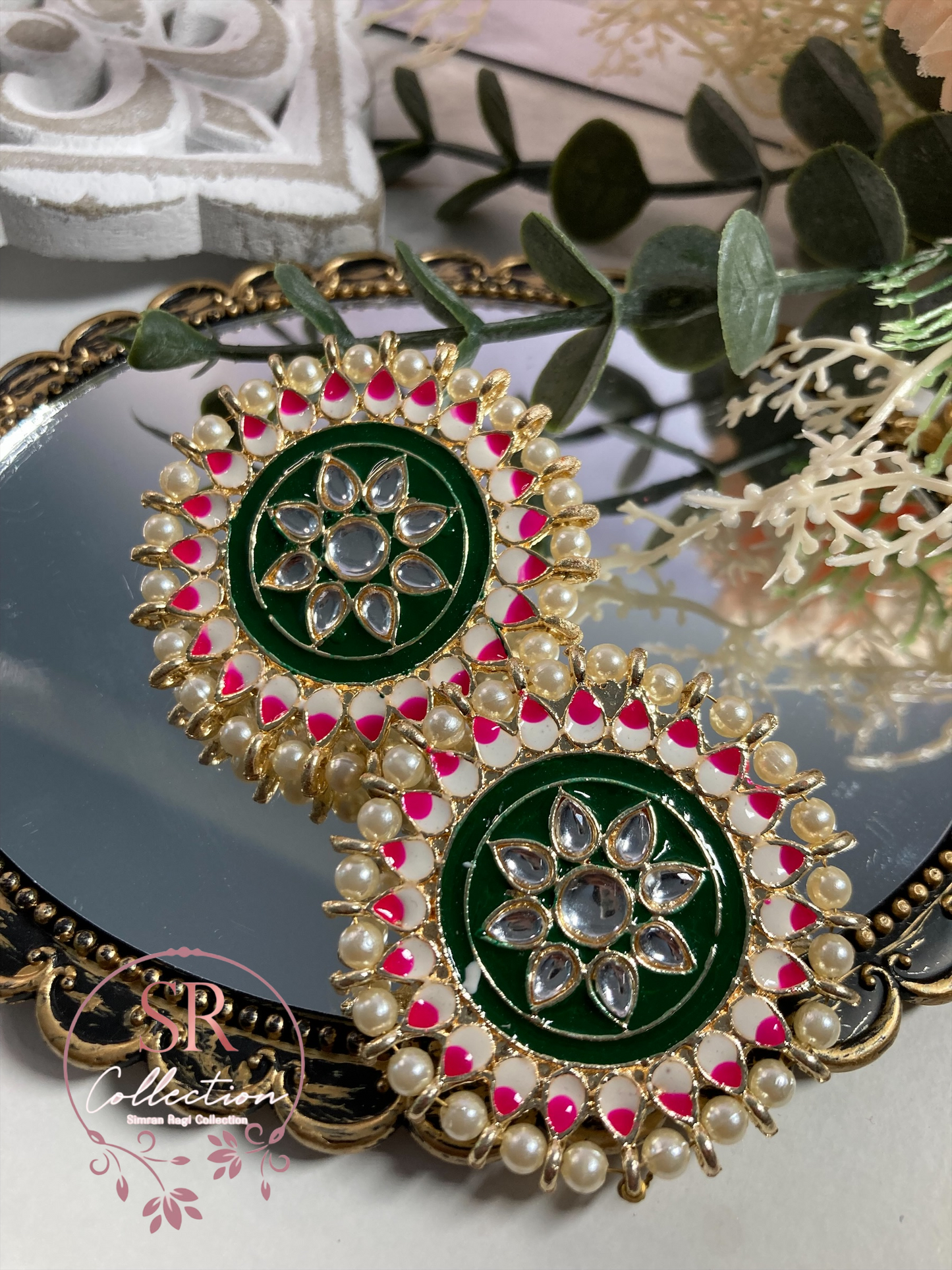 Mahi Oversized Kundan and Pearl Stud Earrings (ST155) Emerald