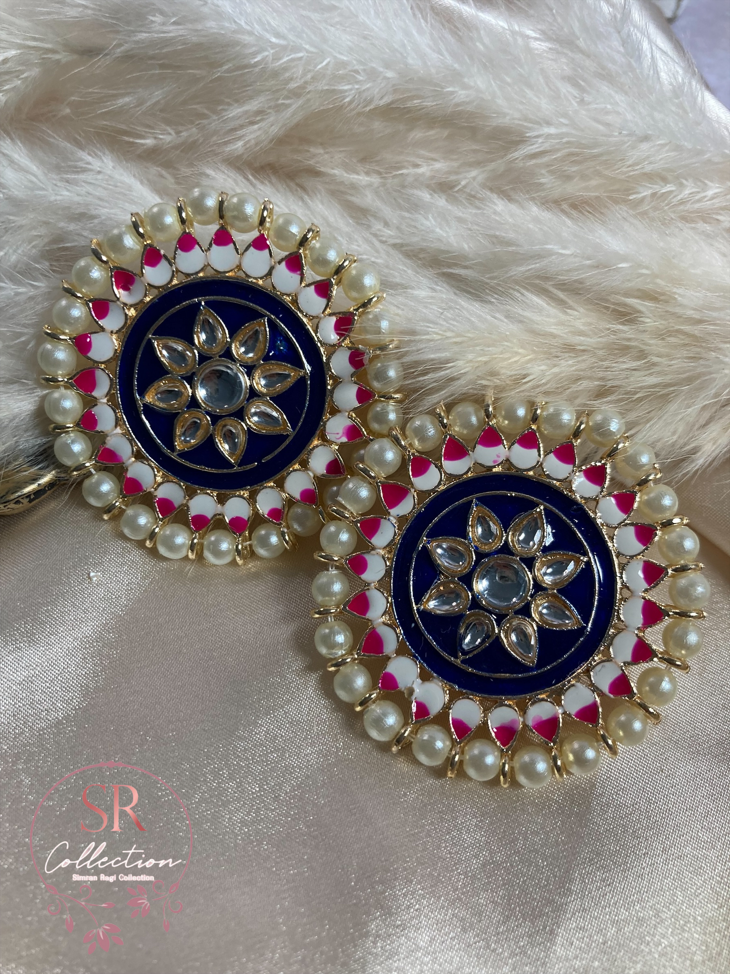 Mahi Oversized Kundan and Pearl Stud Earrings (ST155) Midnight Blue
