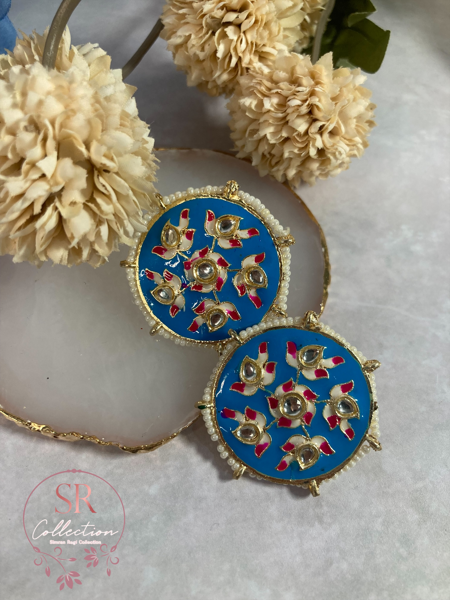 Alara Floral Kundan Stud Earrings (ST154) Azure Blue