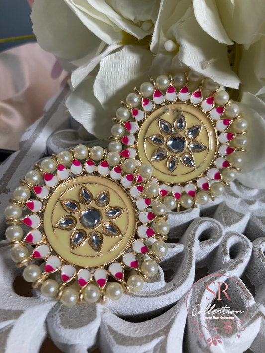 Mahi Oversized Kundan and Pearl Stud Earrings (ST155) Cream