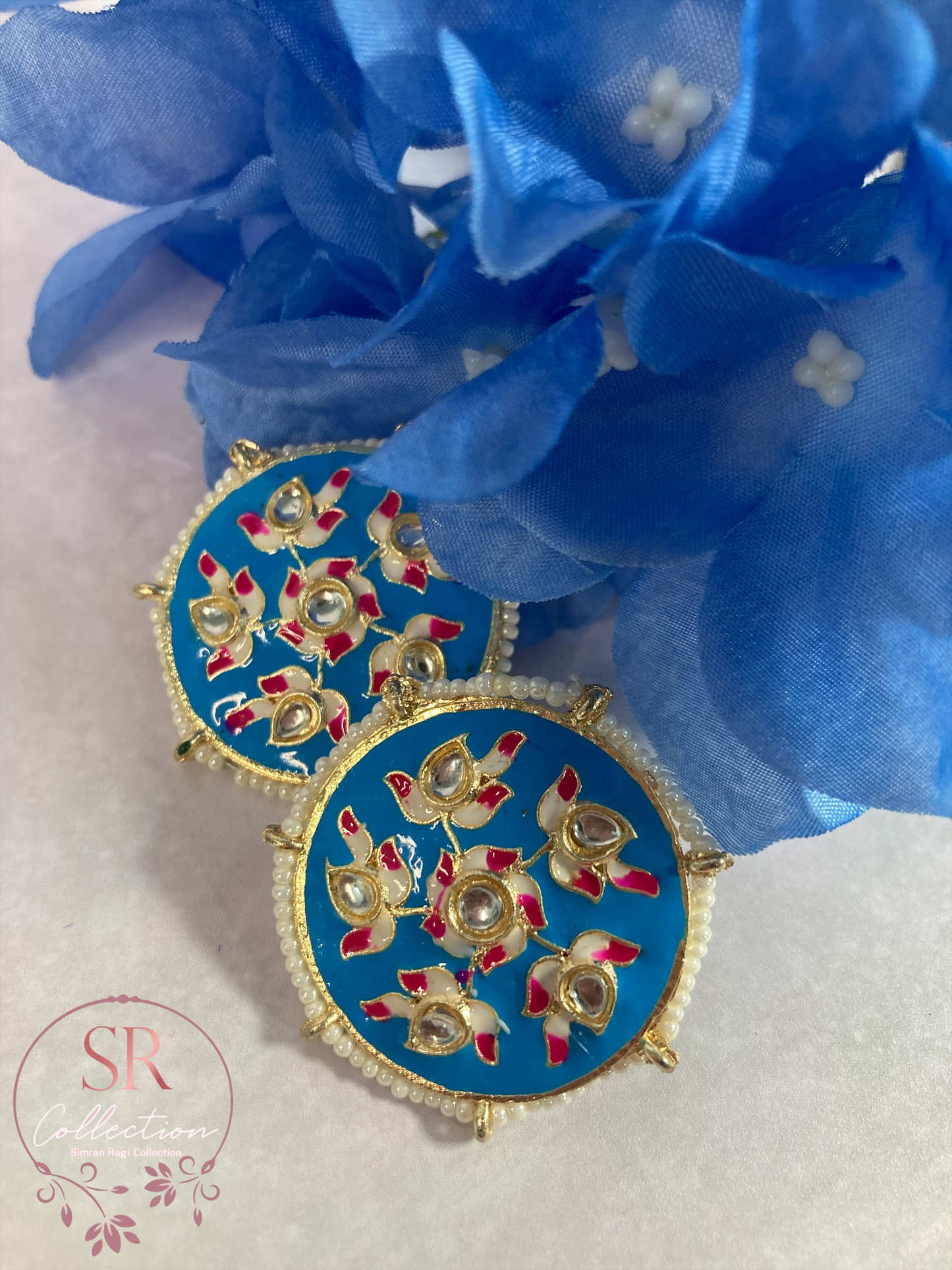 Alara Floral Kundan Stud Earrings (ST154) Azure Blue