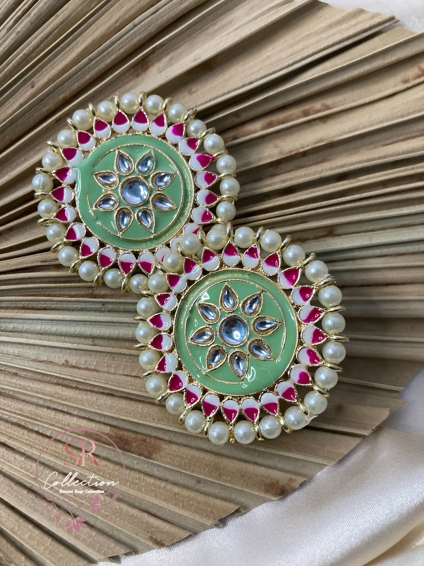 Mahi Oversized Kundan and Pearl Stud Earrings (ST155) Mint