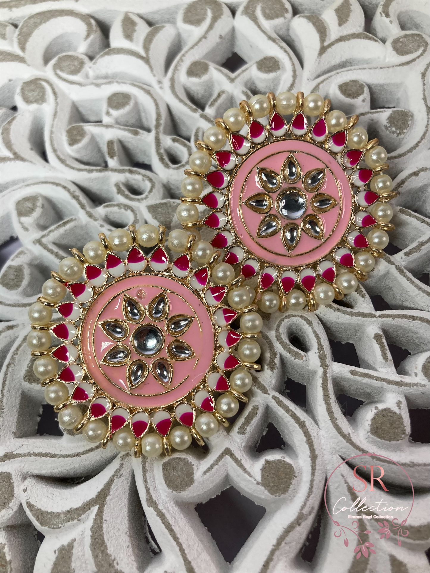Mahi Oversized Kundan and Pearl Stud Earrings (ST155) Pink