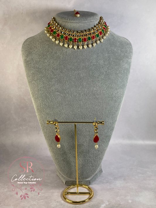 Pooja Gold Plated Kundan Choker Set (ST172) Silver Emerald And Pink