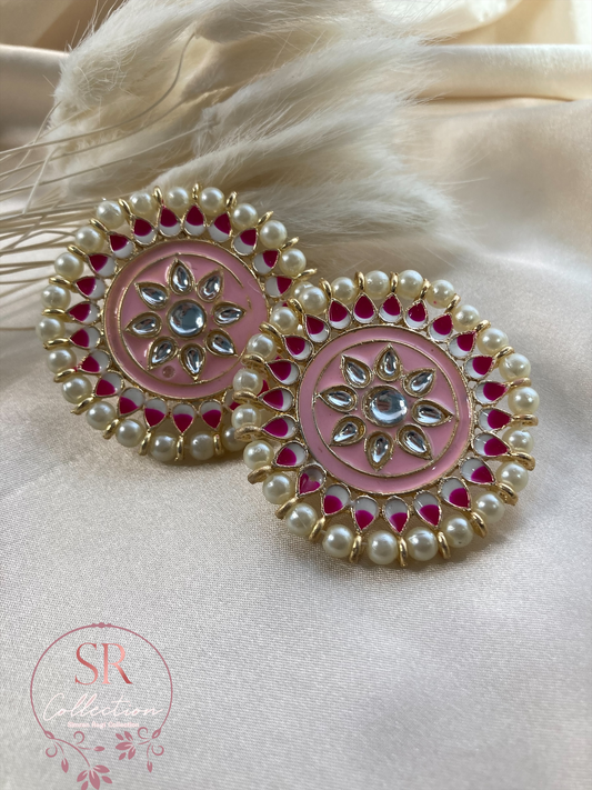 Mahi Oversized Kundan and Pearl Stud Earrings (ST155) Pink