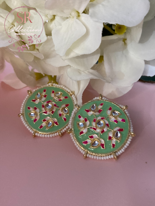 Alara Floral Kundan Stud Earrings (ST154) Mint