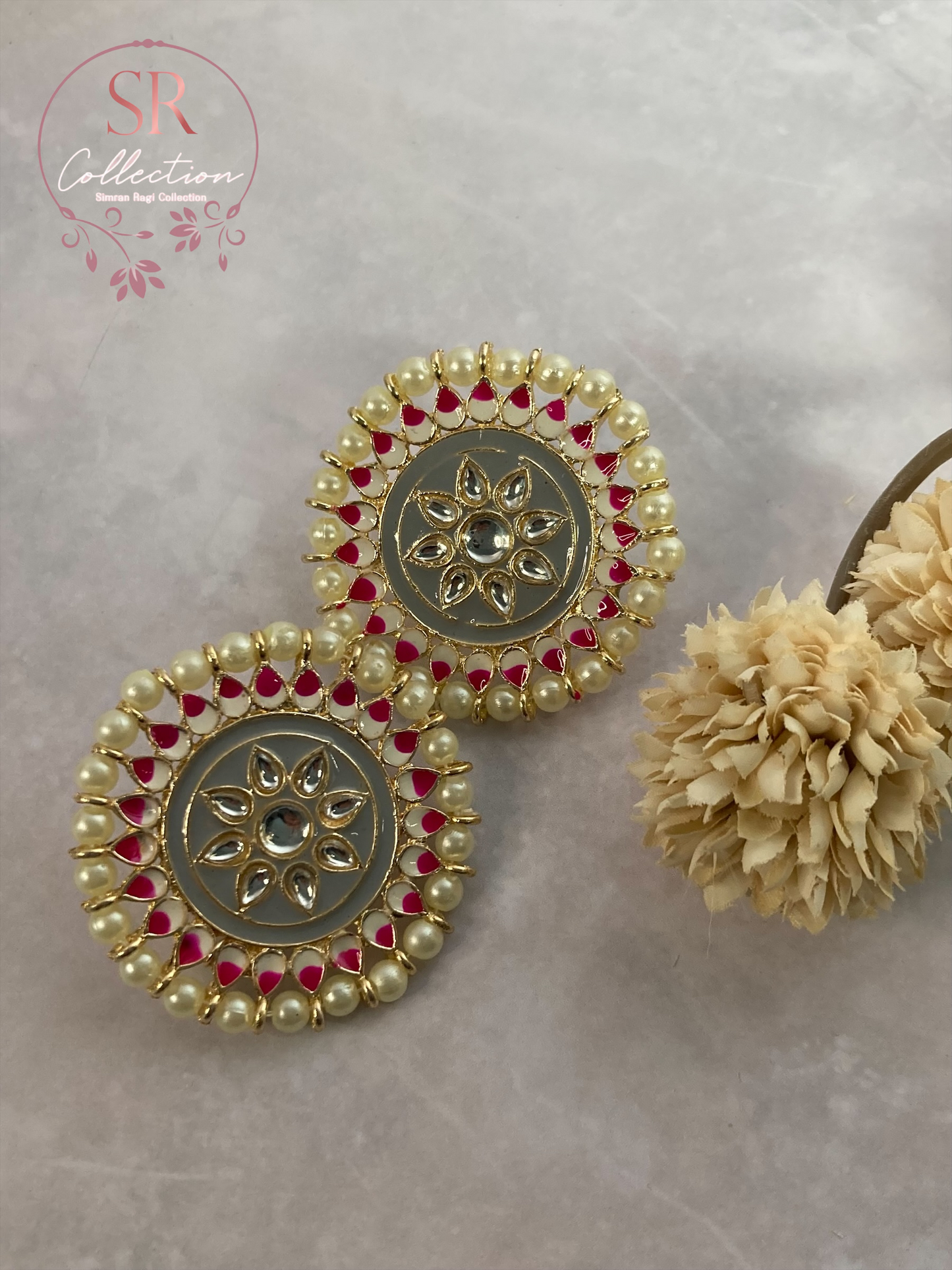 Mahi Oversized Kundan and Pearl Stud Earrings (ST155) Grey