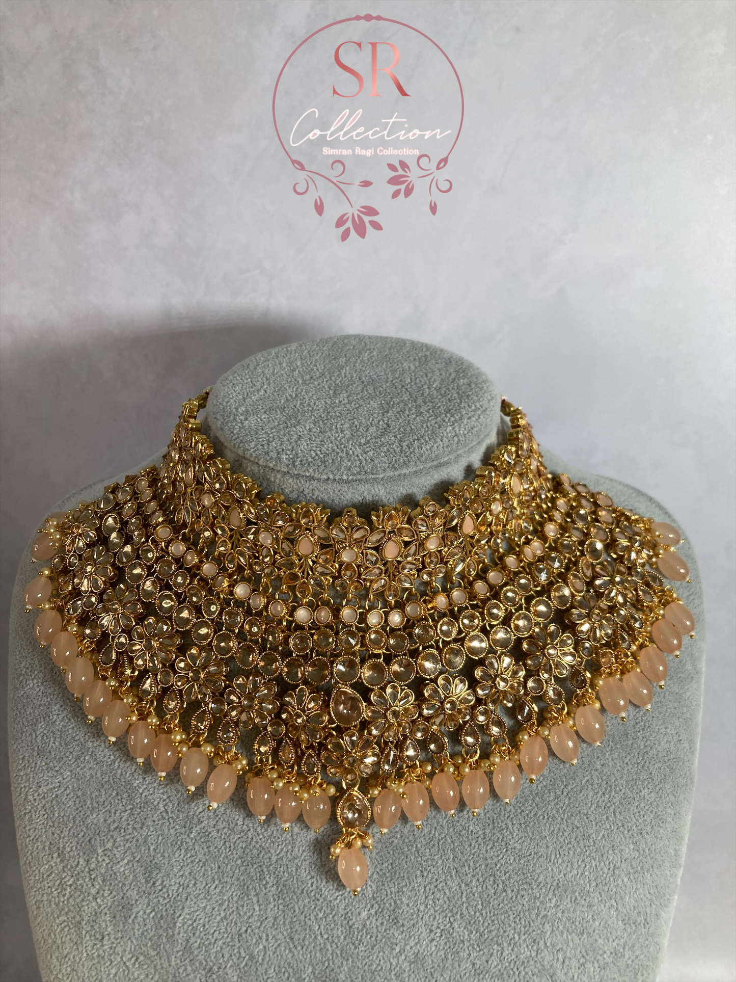 Amber Gold Plated Kundan Beaded Set (ST221) Antique Peach