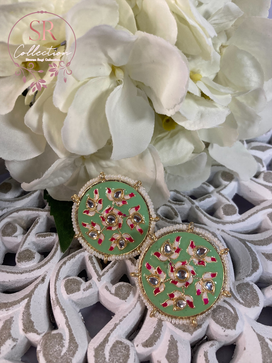 Alara Floral Kundan Stud Earrings (ST154) Mint