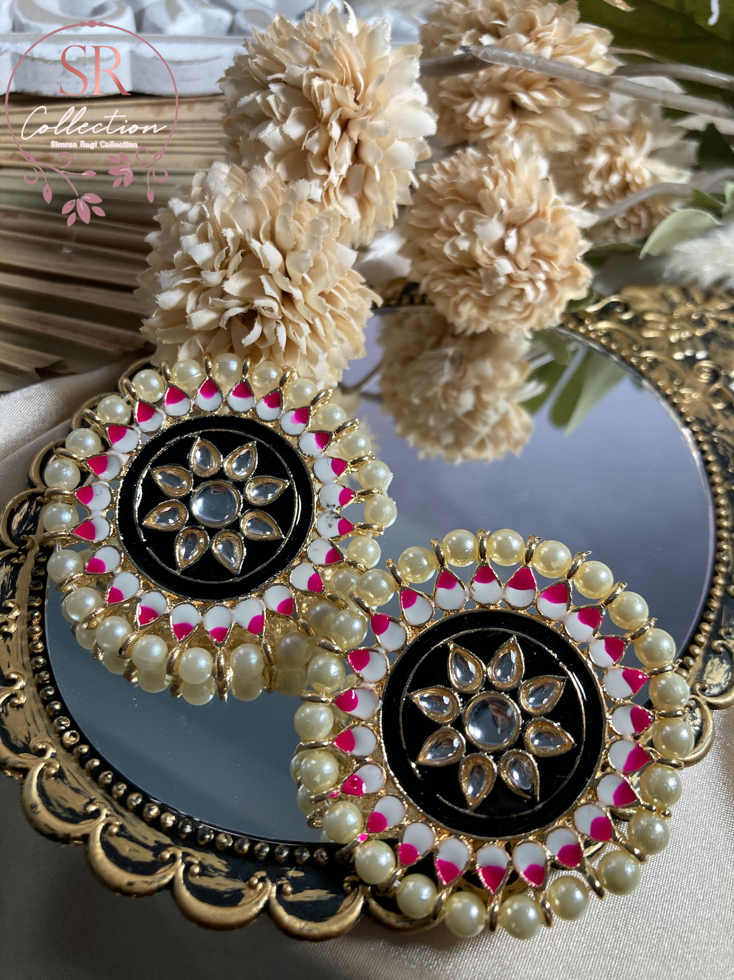 Mahi Oversized Kundan and Pearl Stud Earrings (ST155) Black