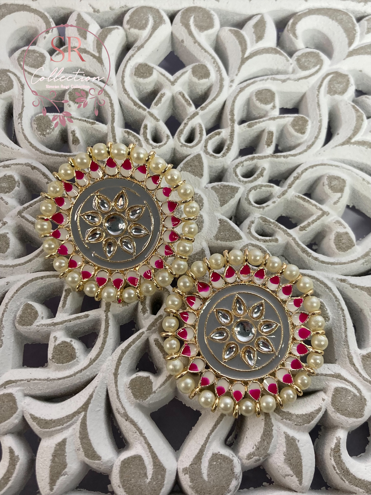 Mahi Oversized Kundan and Pearl Stud Earrings (ST155) Grey