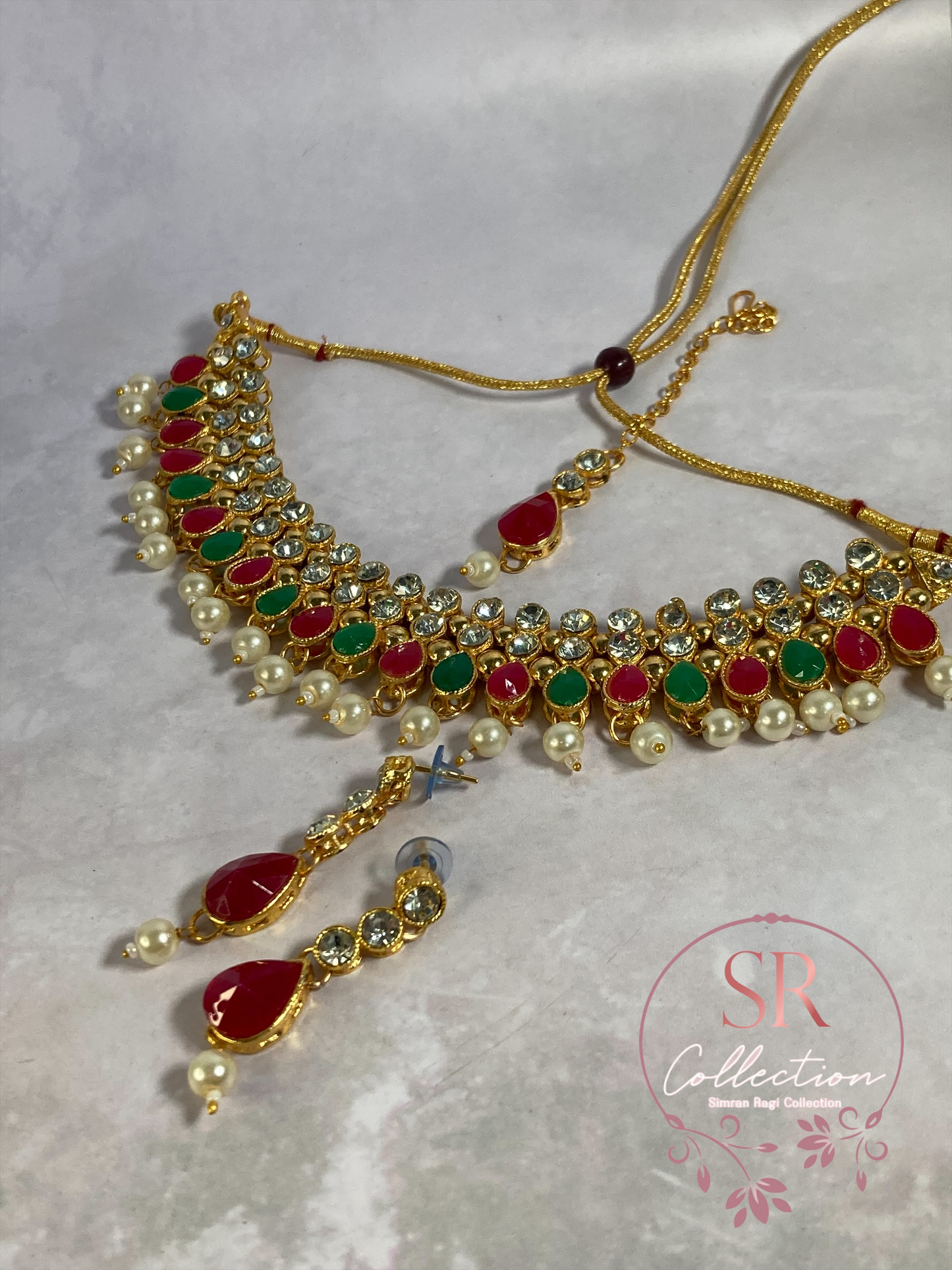 Pooja Gold Plated Kundan Choker Set (ST172) Silver Emerald And Pink