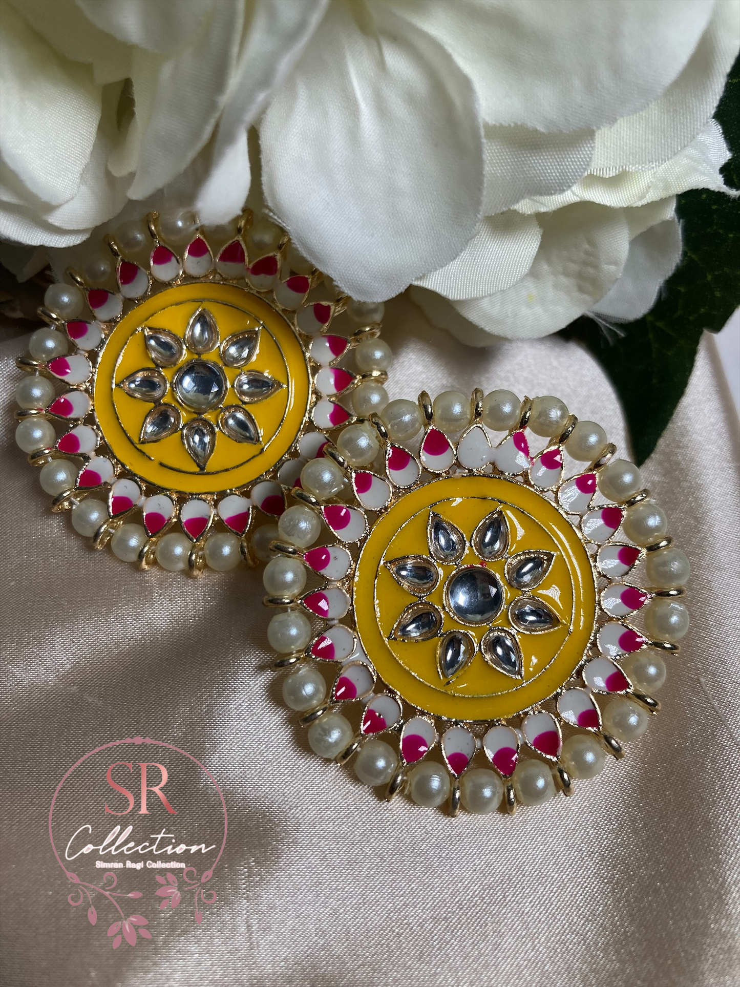 Mahi Oversized Kundan and Pearl Stud Earrings (ST155) Yellow