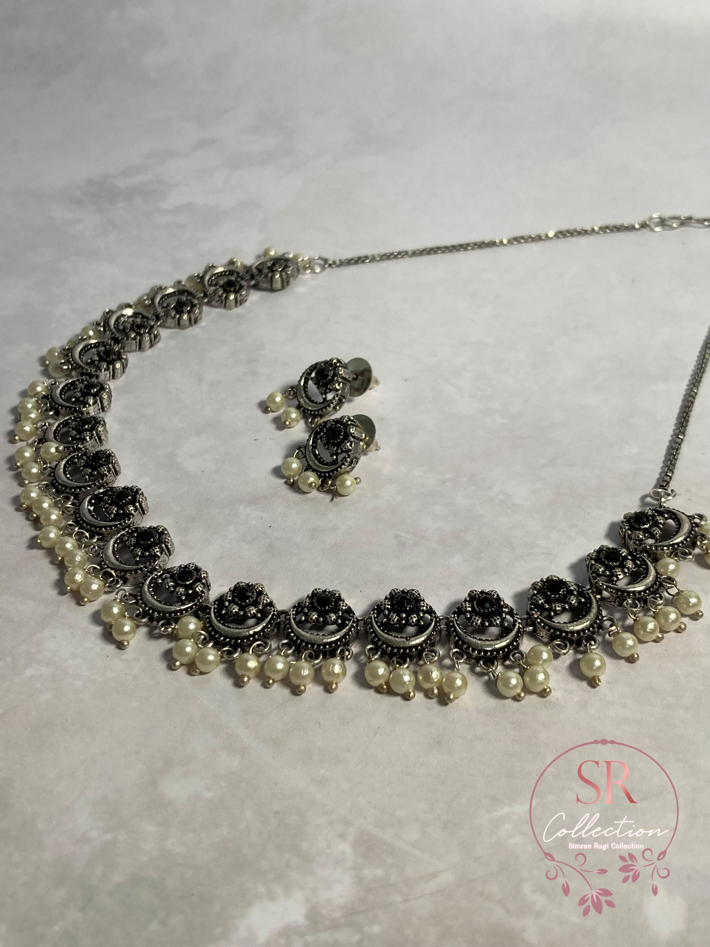 Sabar Oxidised Pearl And Pota Stone Set (ST233) Black