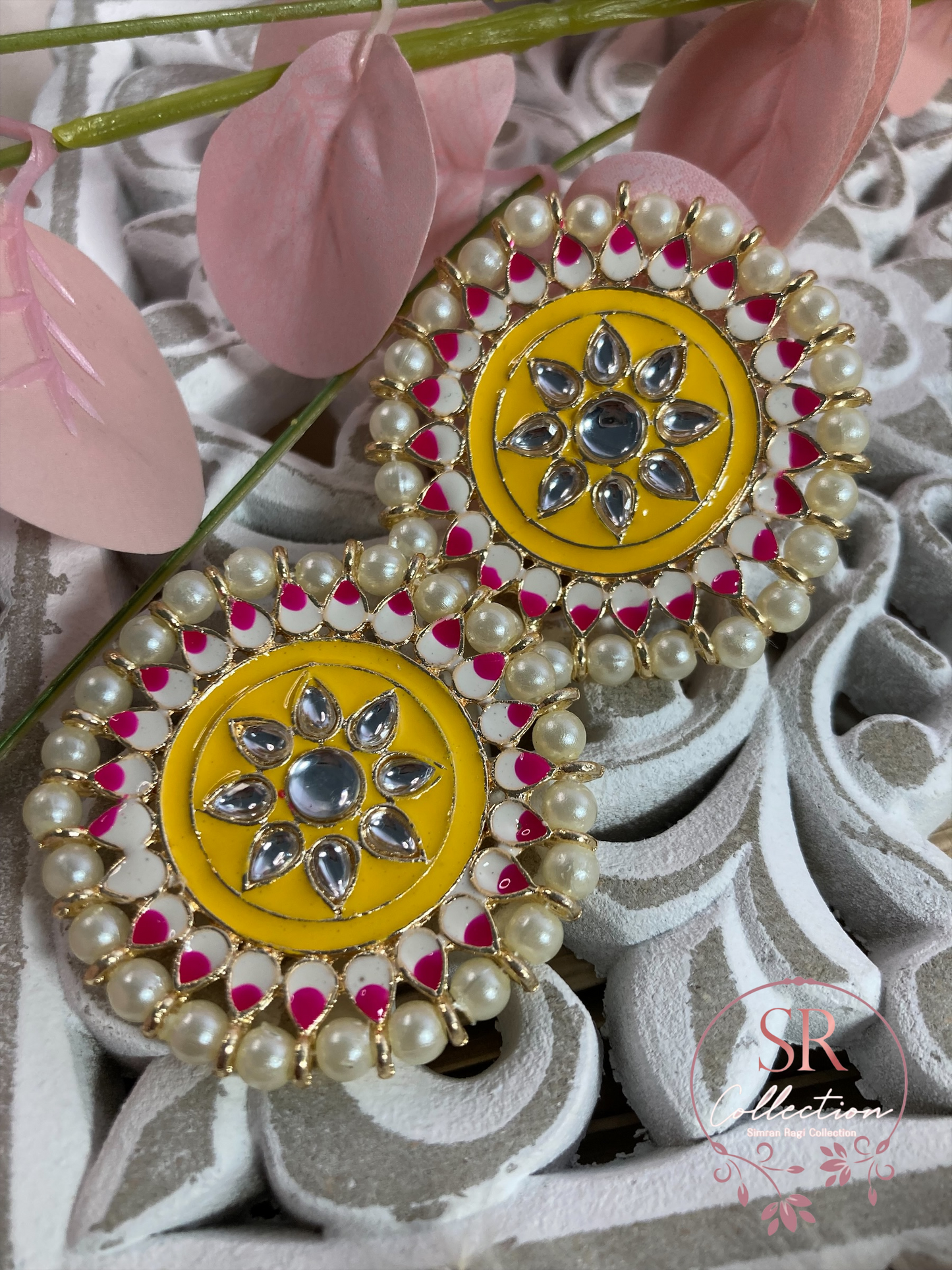 Mahi Oversized Kundan and Pearl Stud Earrings (ST155) Yellow