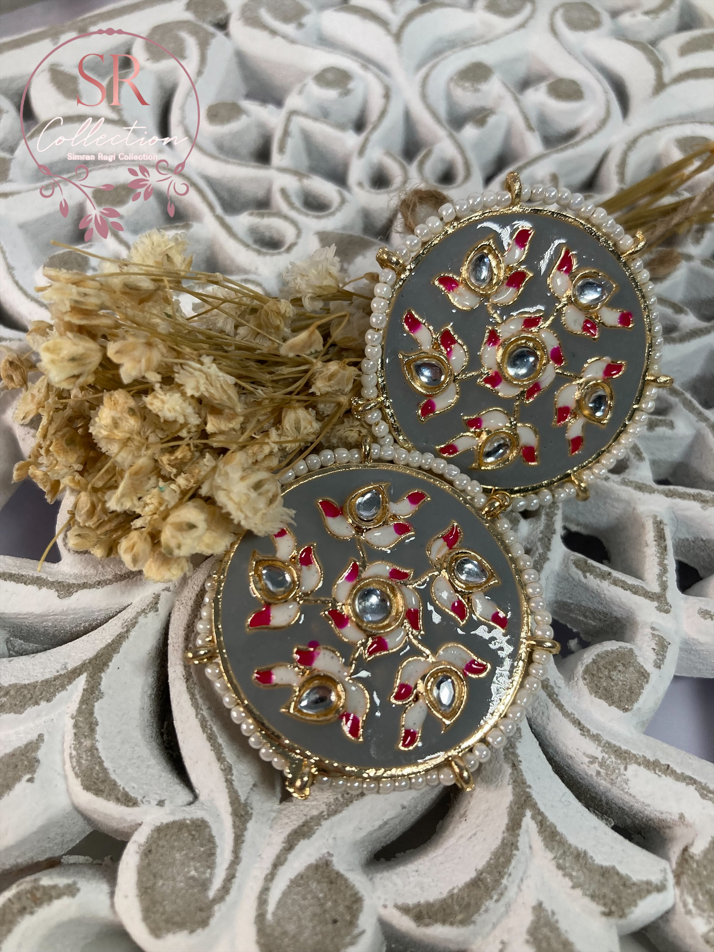 Alara Floral Kundan Stud Earrings (ST154) Grey