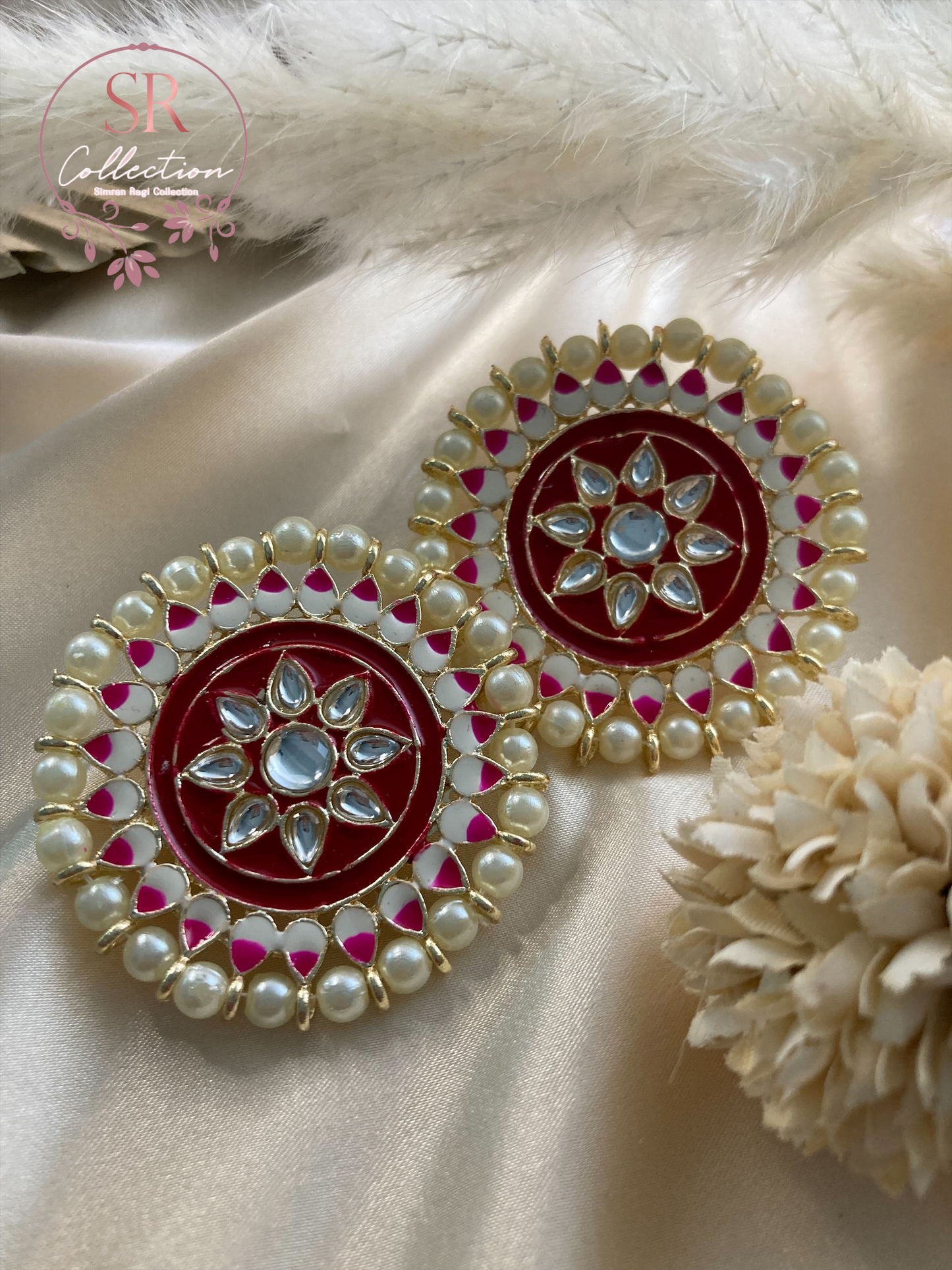 Mahi Oversized Kundan and Pearl Stud Earrings (ST155) Maroon