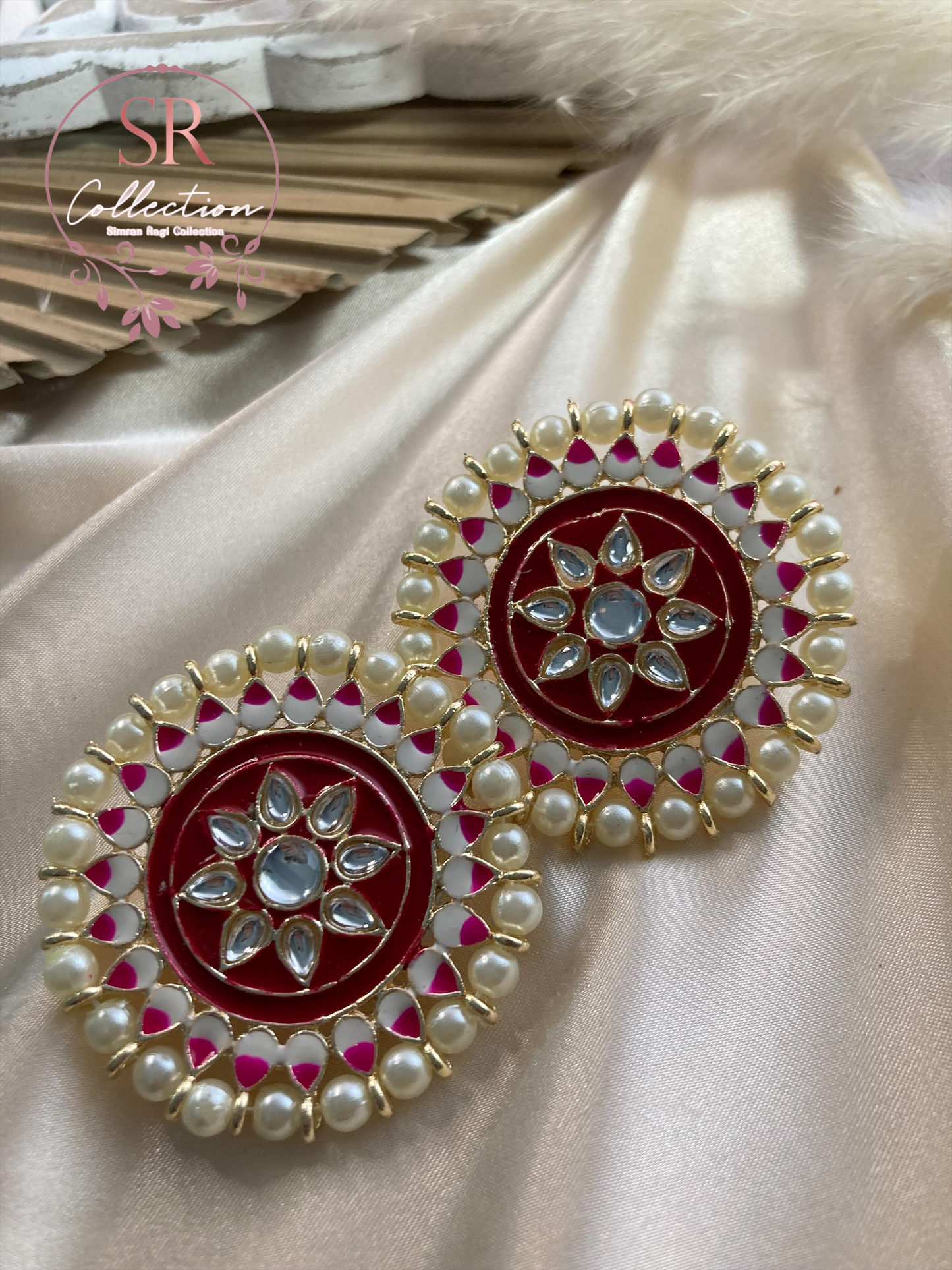 Mahi Oversized Kundan and Pearl Stud Earrings (ST155) Maroon