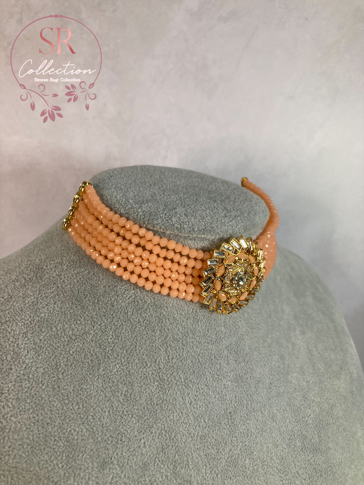 Ameena Kundan Beaded Choker Set (ST162) Peach