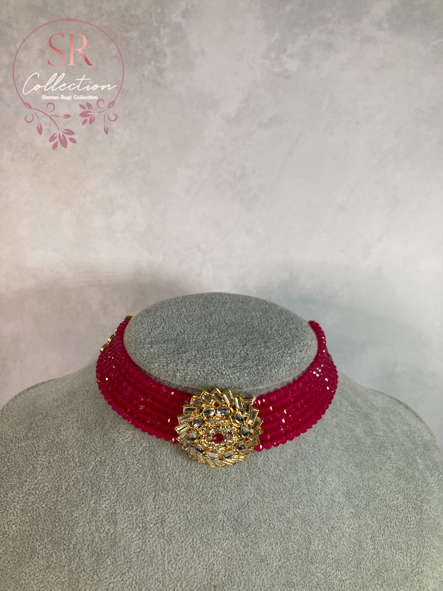 Ameena Kundan Beaded Choker Set (ST162) Hot Pink